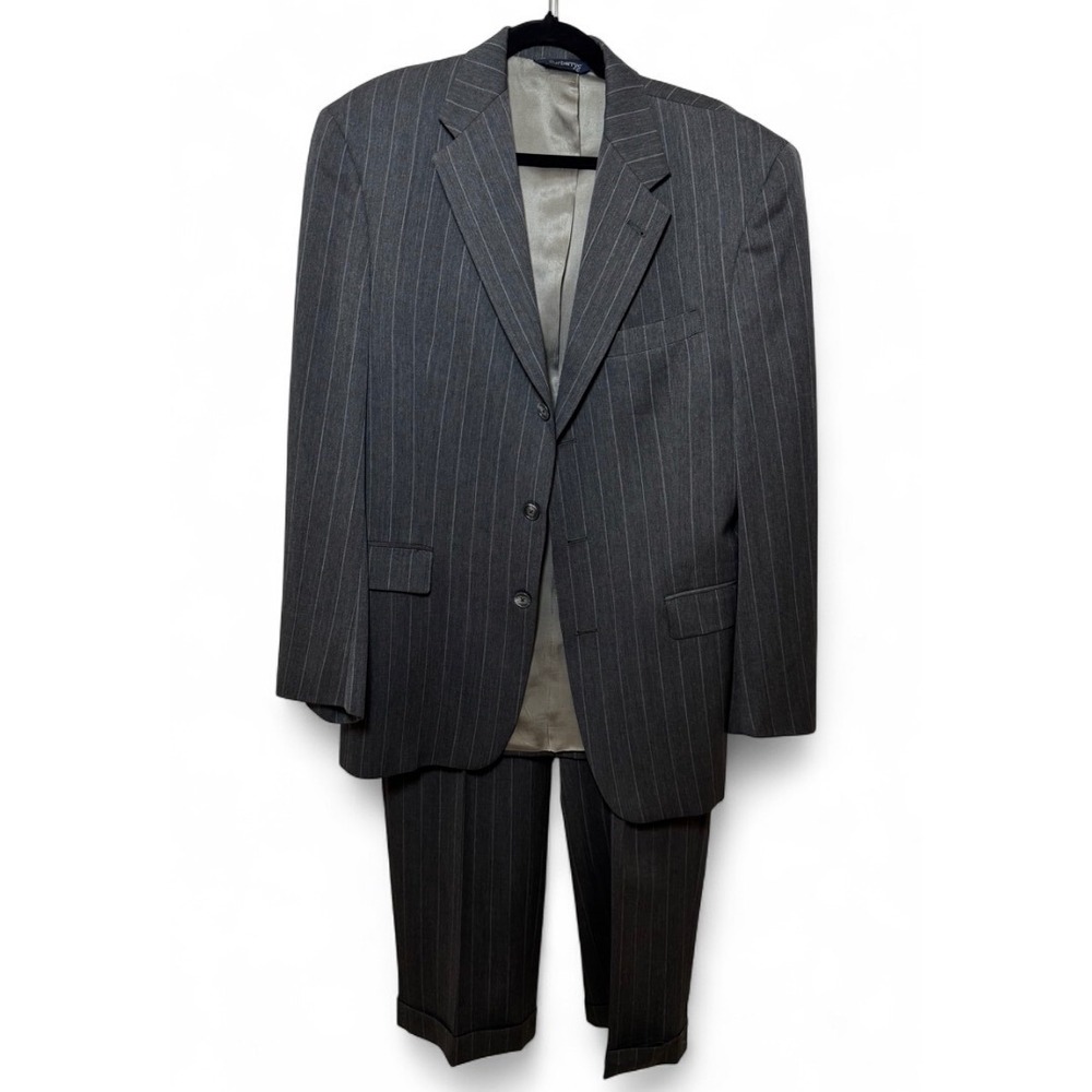 Burberrys Vintage Mens Pinstripe Wool Suit 38R Charcoal Gray 3 Button